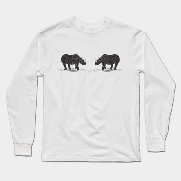 Rhinos in Love - cool animal ink art design - on white Long Sleeve T-Shirt by Green Paladin